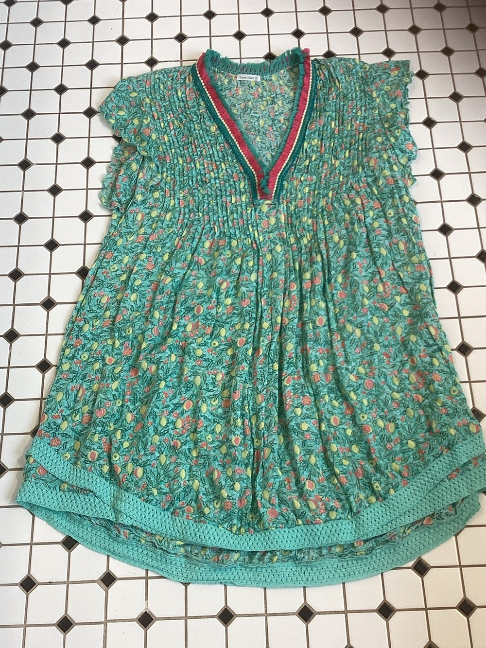 Poupette St Barth Turquoise Floral Smocked Mini Dress with Pink Trim